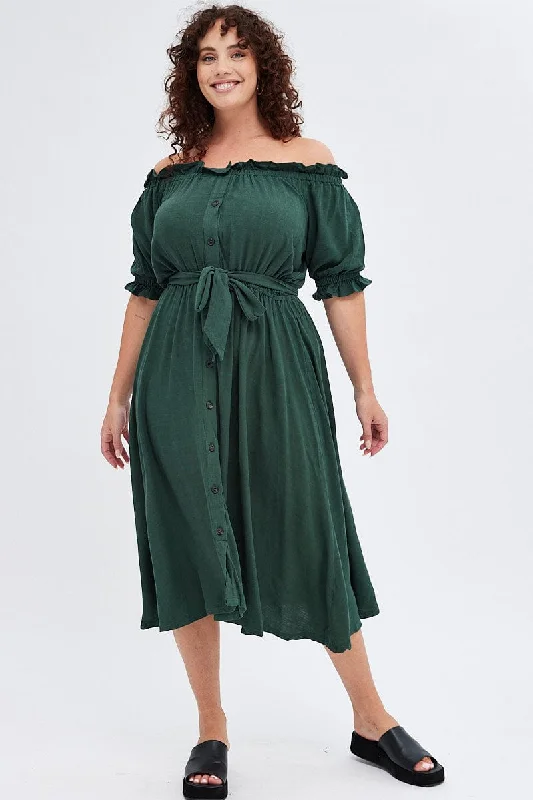 Time to Save Big!Time to Save Big!Green Short Sleeve Linen Button Midi Dress