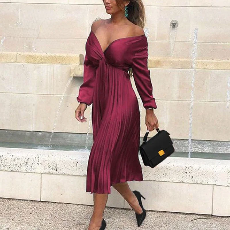 Massive Price Cuts!Massive Price Cuts!Amy Fashion - Elegant Off Shoulder V Neck Satin Pleated Midi Dress
