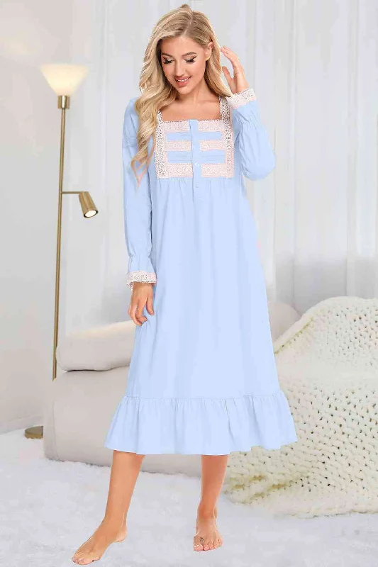 Save More Than Ever!Save More Than Ever!Lace Detail Square Neck Flounce Sleeve Night Dress Save More Than Ever!Save More Than Ever!Lace Detail Square Neck Flounce Sleeve Night Dress