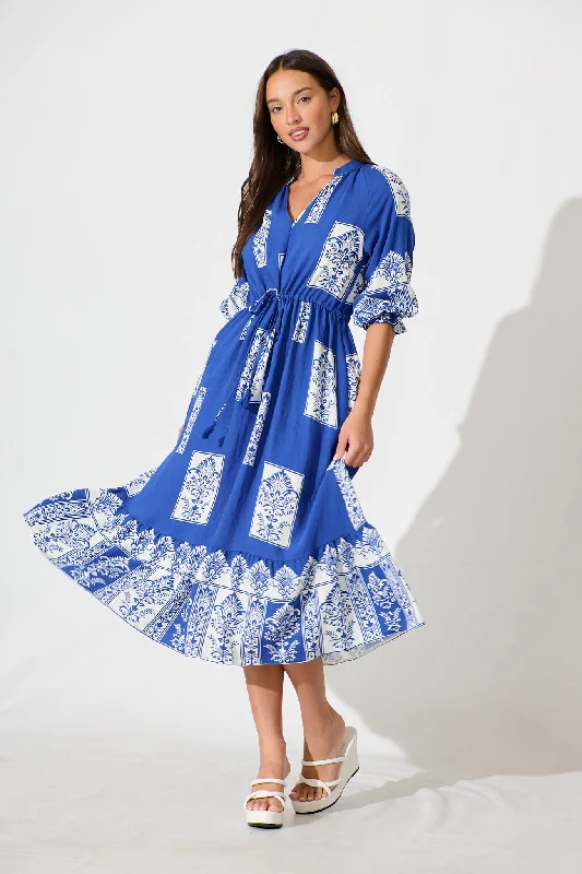 Best Deals Just for You!Best Deals Just for You!Lanai Midi Dress in Cobalt with White Print Cotton Blend