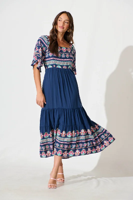 The Best Offers Are Here!The Best Offers Are Here!Lauriette Midi Dress in Cobalt with Multi Print