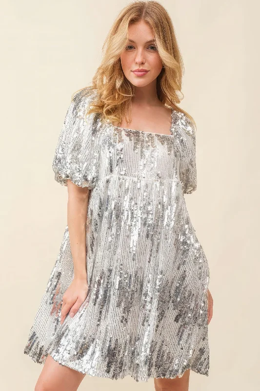 One Day Only – Huge Savings!One Day Only – Huge Savings!Hot Girl Sequin Babydoll Mini Dress In Silver