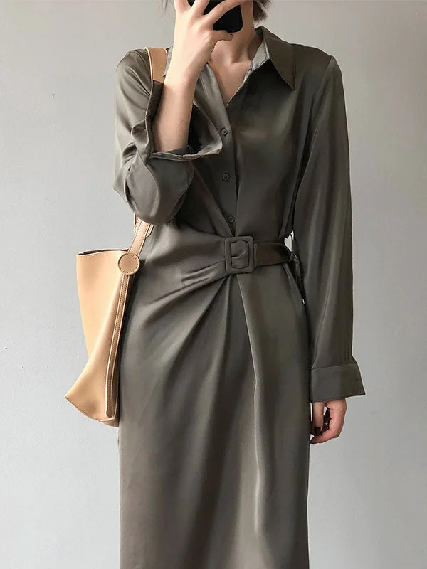 Time to Snag a Bargain!Time to Snag a Bargain!Satin Belted Long Sleeve Shirt Midi Dress