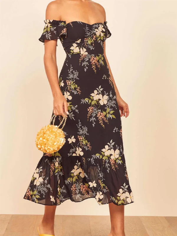 Unbeatable Prices!Unbeatable Prices!Off Shoulder Frill Midi Dress In Black Floral