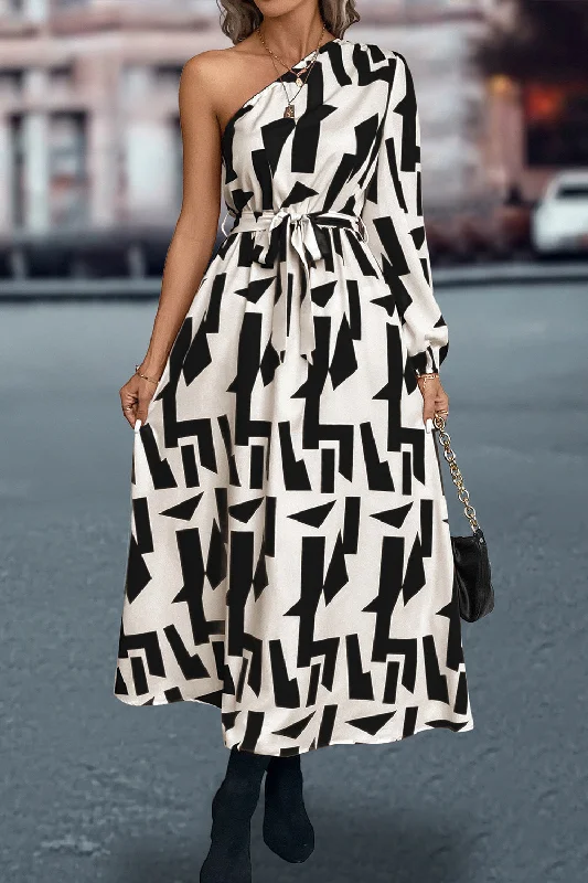 Every Deal is a Steal!Every Deal is a Steal!Printed One-Shoulder Tie Waist Dress