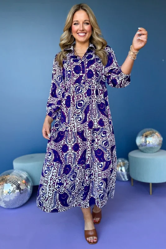 Buy More, Pay Less!Buy More, Pay Less!Purple Paisley Printed Split Neck Tiered 3/4 Balloon Sleeve Midi Dress