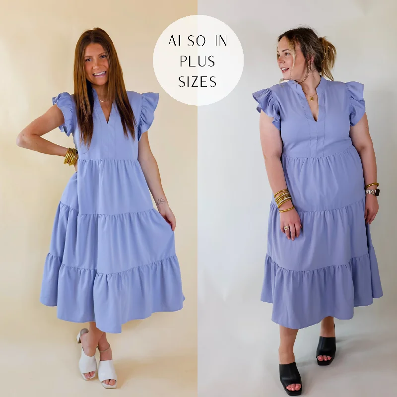 Save More with Every Purchase!Save More with Every Purchase!Magnolia Morning Ruffle Cap Sleeve Tiered Midi Dress in Periwinkle Blue
