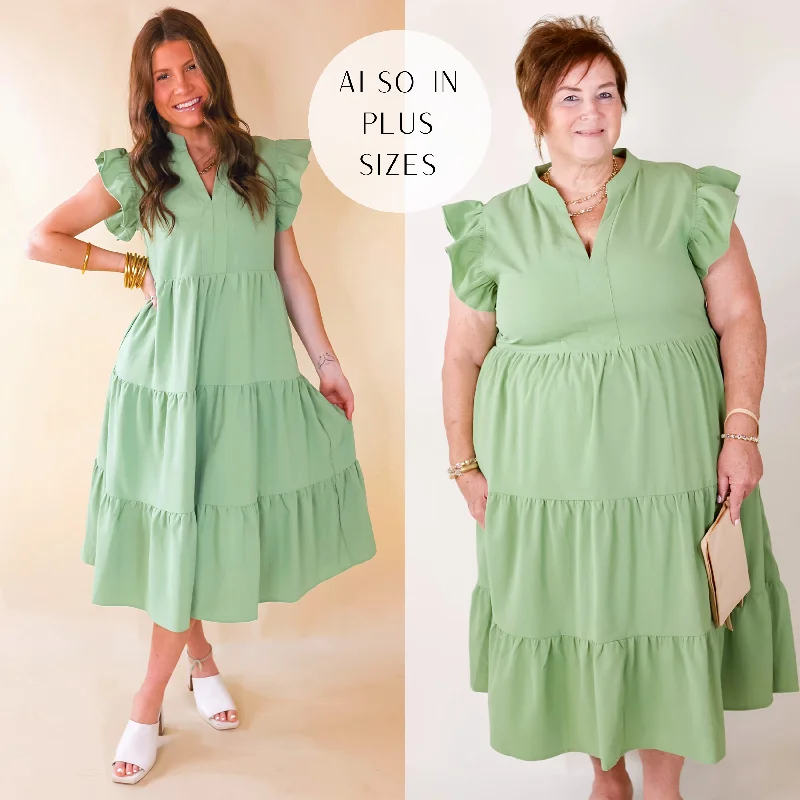 Shop Today, Save Tomorrow!Shop Today, Save Tomorrow!Last Chance Size Small, Medium & XL | Magnolia Morning Ruffle Cap Sleeve Tiered Midi Dress in Sage Green