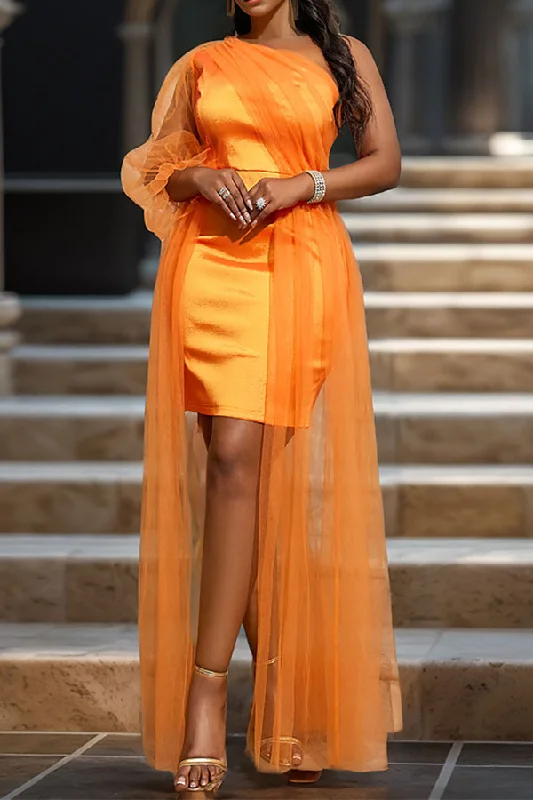 Biggest Sale of the Season!Biggest Sale of the Season!Solid Color One Shoulder Striking Tulle Patchwork Mini Dress