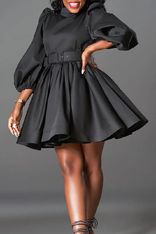 Exclusive Deals Just for You!Exclusive Deals Just for You!Solid Color Puff Sleeve Stunning Belted A-Line Mini Dress