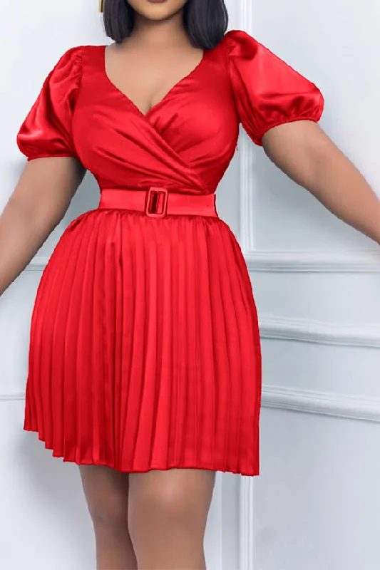 Save Money, Shop Happy!Save Money, Shop Happy!Solid Color Urban Belted Pleated Mini Dress