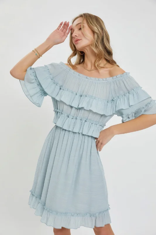 Buy More, Pay Less!Buy More, Pay Less!Hot Girl Off Shoulder Boho Ruffle Mini Dress In Misty Blue