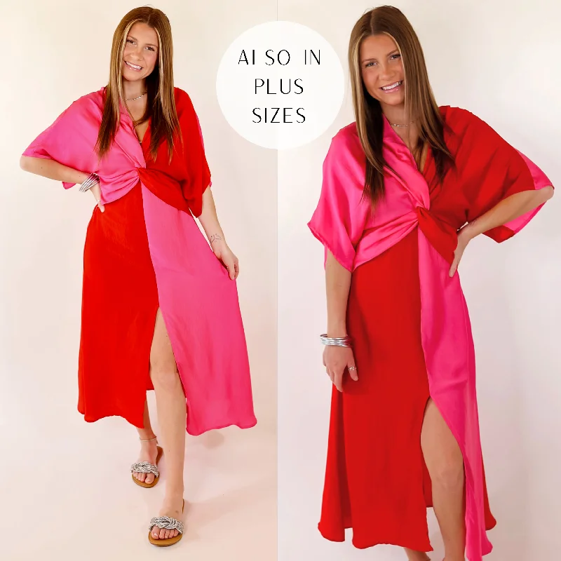 Your Shopping Wish, Our Discount Command!Your Shopping Wish, Our Discount Command!Last Chance Size Small & Medium | Take My Breath Away Front Knot Color Block Midi Dress in Red and Pink