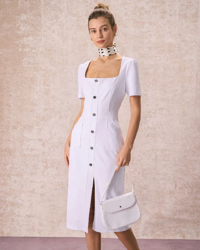 Special Discounts Inside!Special Discounts Inside!The White Square Neck Buttoned Midi Dress Special Discounts Inside!Special Discounts Inside!The White Square Neck Buttoned Midi Dress