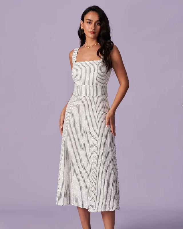 Crazy Discounts Inside!Crazy Discounts Inside!The White Square Neck Striped Midi Dress