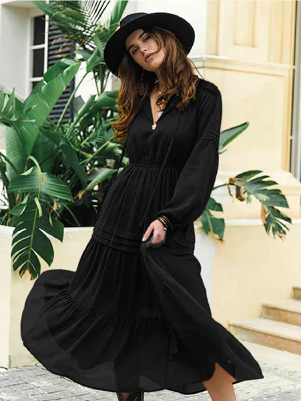 Grab Yours Before It’s Too Late!Grab Yours Before It’s Too Late!Tie Neck Long Sleeve Midi Tiered Dress