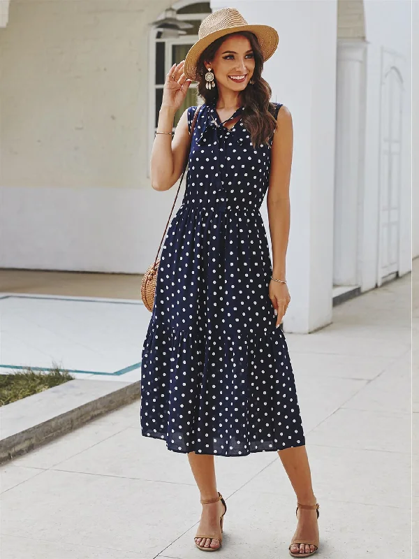 Act Fast – Limited Time Savings!Act Fast – Limited Time Savings!Tiered Midi Dress In Navy Polka Dot