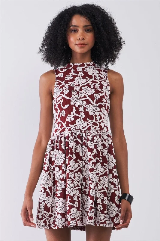 Enjoy Huge Discounts Now!Enjoy Huge Discounts Now!Hot Girl Floral Crew Neck Sleeveless Fitted Mini Dress In Burgundy & White
