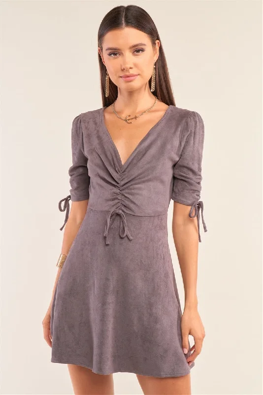 Huge Savings – Act Now!Huge Savings – Act Now!Hot Girl Suede Deep Plunge Gathered Detail Mini Dress In Charcoal Huge Savings – Act Now!Huge Savings – Act Now!Hot Girl Suede Deep Plunge Gathered Detail Mini Dress In Charcoal