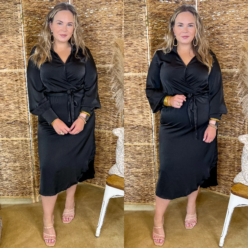Shop the Hottest Deals!Shop the Hottest Deals!Last Chance Size Small | Big Apple Mindset V Neck Satin Dress with Waist Tie in Black