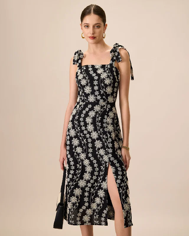 Best Offers of the Month!Best Offers of the Month!Women's Black Cotton Embroidery Slit Midi Dress