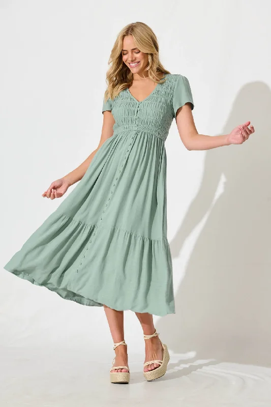 Limited Edition, Limited Price!Limited Edition, Limited Price!Zenith Midi Dress in Sage Green Linen Bend Limited Edition, Limited Price!Limited Edition, Limited Price!Zenith Midi Dress in Sage Green Linen Bend